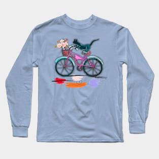 Tuxedo cat riding pink bike Long Sleeve T-Shirt